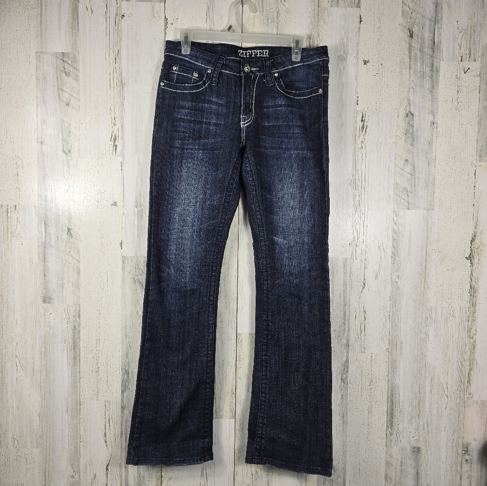 Zipper dark wash embellished pockets boot cut denim jeans juniors size 11